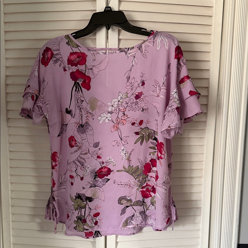 Maurices Pink Floral Blouse with Ruffle Sleeves